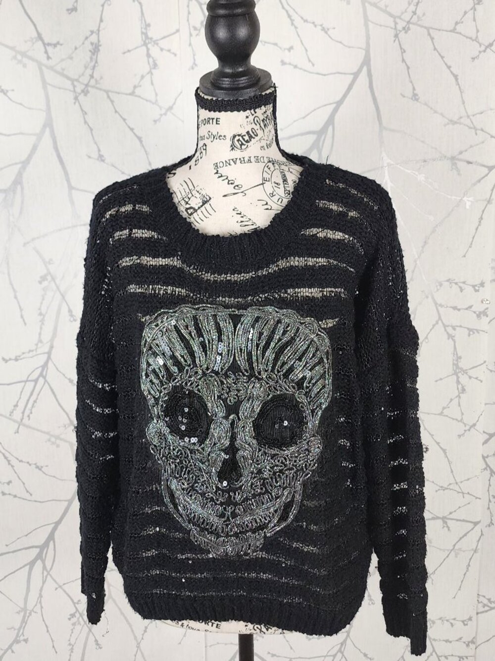 Katsumi Sheer Stripe Knit Metallic Sequin Skull Crewneck Sweater